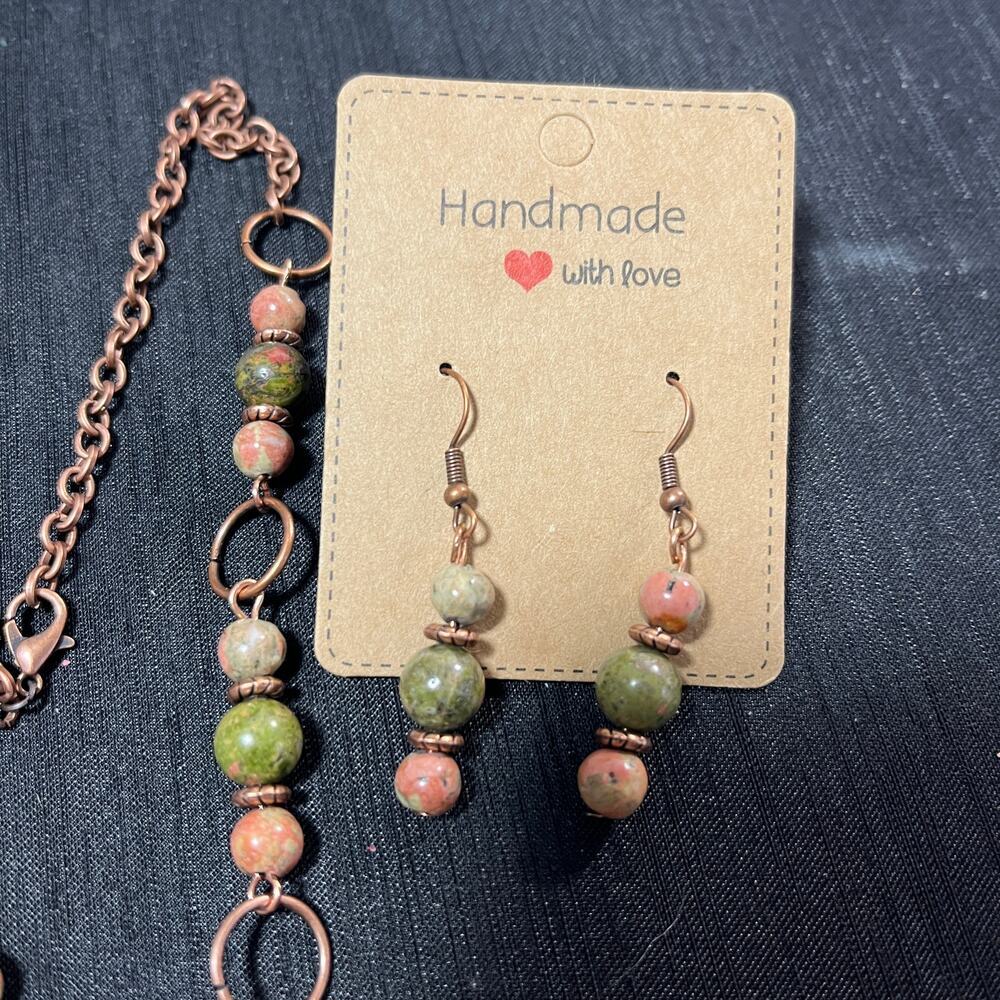 Unakite 1 1/2" Oval Cabochon Necklace & Earrings Copper Wire 20" green peach - Picture 4 of 5